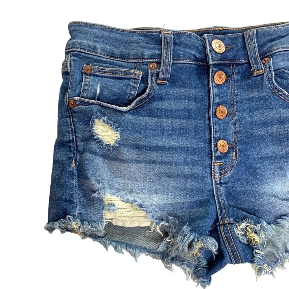 American Eagle AE Hi-Rise Shortie Denim Jean Shorts Button Fly Distressed Size 6 - Picture 2 of 14